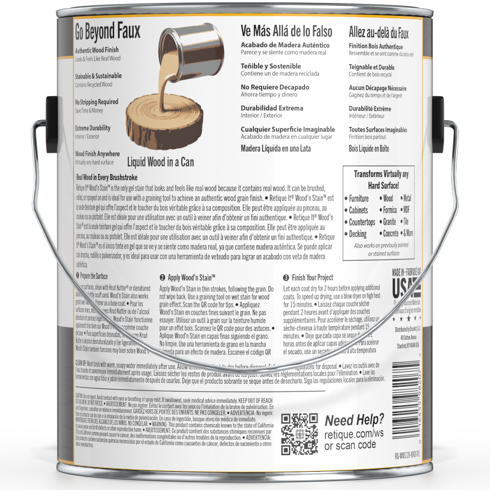 Liquid Wood Wood'n Stain in Red Mahogany by Retique It, 128 oz container, showing the stain's rich reddish-brown color.