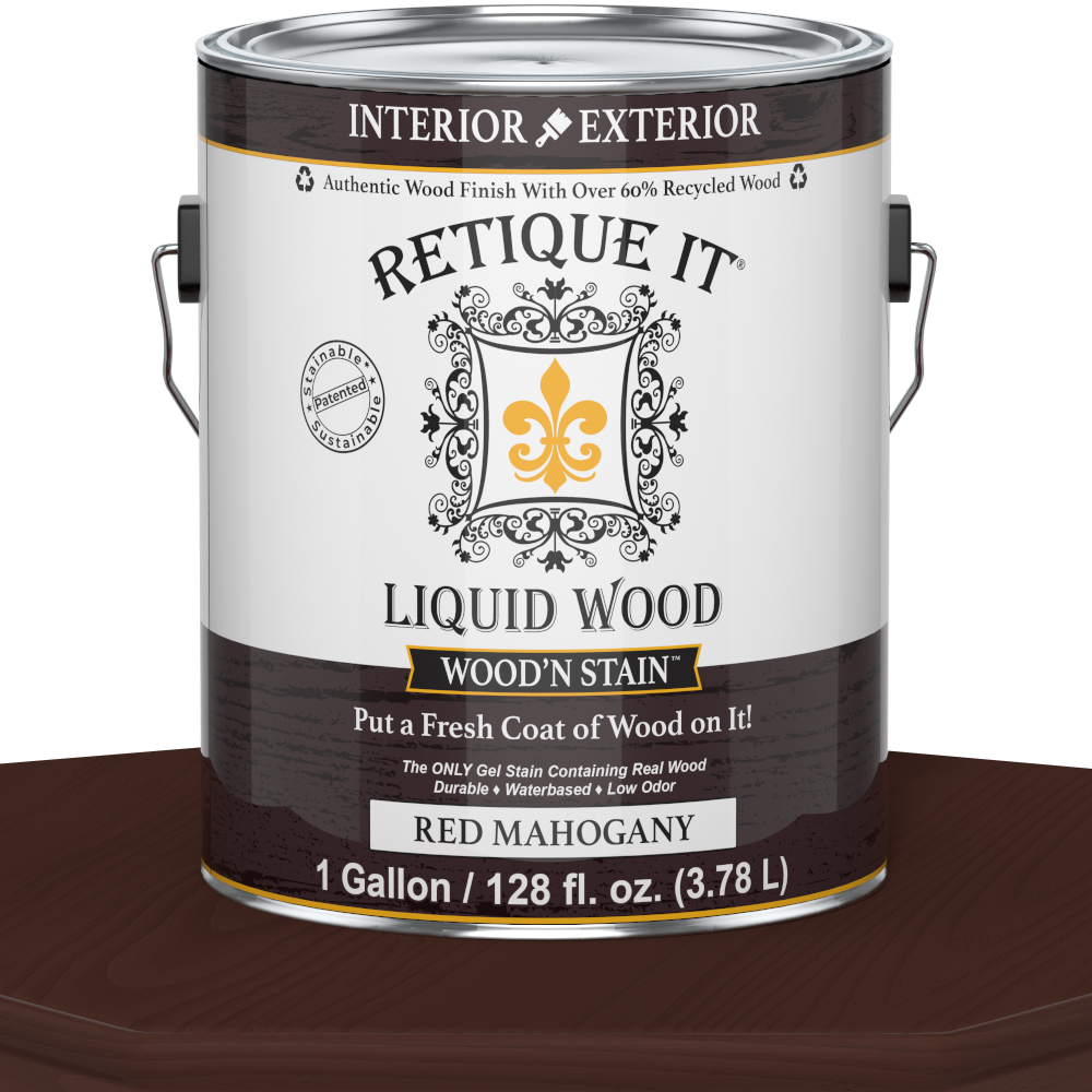 Liquid Wood Wood'n Stain in Red Mahogany by Retique It, 128 oz bottle, showcasing the rich stain color and container.