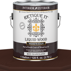 Liquid Wood Wood'n Stain in Red Mahogany by Retique It, 128 oz bottle, showcasing the rich stain color and container.