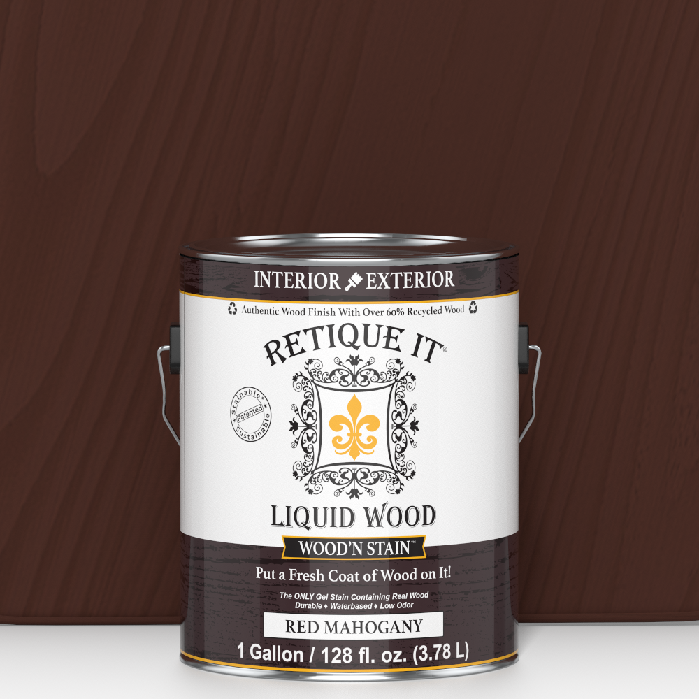 Liquid Wood Wood'n Stain in Red Mahogany by Retique It, 128 oz container, showing the stain's rich red mahogany color and packaging.