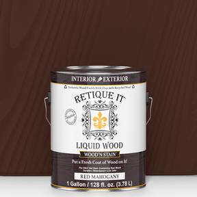 Liquid Wood Wood'n Stain in Red Mahogany by Retique It, 128 oz container, showing the stain's rich red mahogany color and packaging.