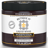 Liquid Wood Wood'n Stain by Retique It in Red Mahogany color, 16 oz bottle, showing the stain's rich red mahogany hue.