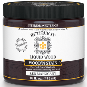 Liquid Wood Wood'n Stain by Retique It in Red Mahogany color, 16 oz bottle, showing the stain's rich red mahogany hue.