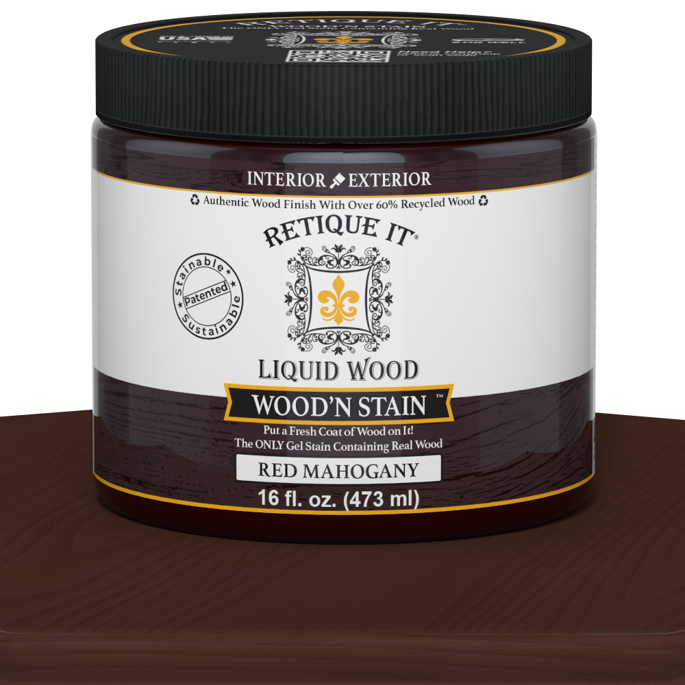 Retique It Liquid Wood Wood'n Stain in 16 oz Red Mahogany, showing a jar of wood stain with red mahogany color.