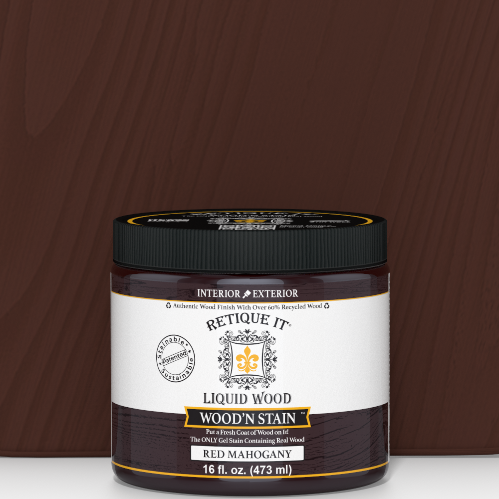 Retique It Liquid Wood Wood'n Stain in 16 oz Red Mahogany, showcasing the rich stain color and smooth liquid consistency.