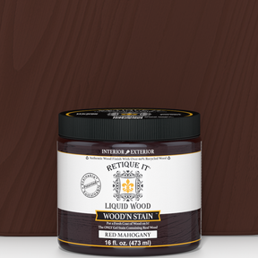 Retique It Liquid Wood Wood'n Stain in 16 oz Red Mahogany, showcasing the rich stain color and smooth liquid consistency.