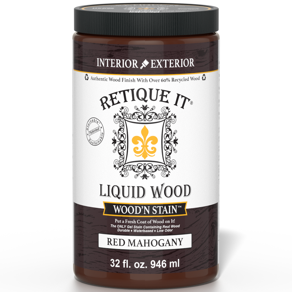 Liquid Wood Wood'n Stain by Retique It in Red Mahogany, 32 oz bottle, showing the stain's rich red mahogany color and product label.