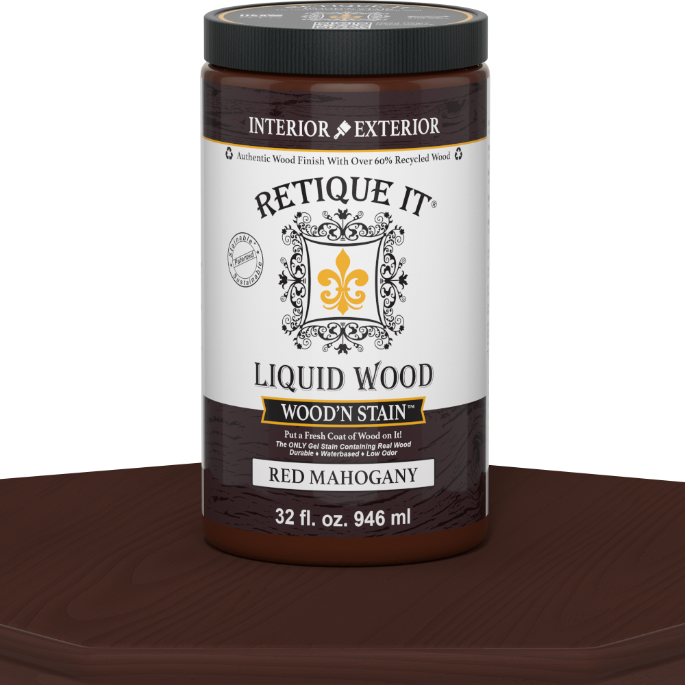 Liquid Wood Wood'n Stain 32 oz in Red Mahogany by Retique It showing the stain bottle with red mahogany color label.