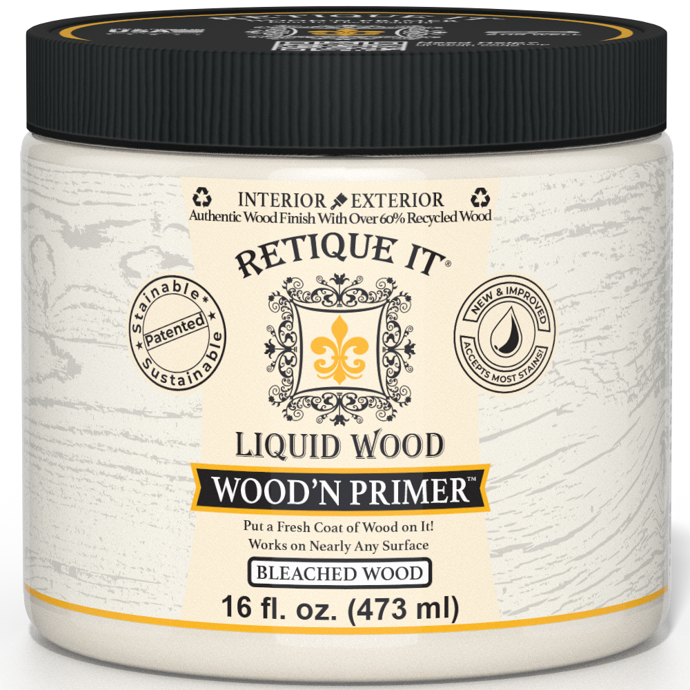 Retique It® Wood'n Primer in Bleached Wood, a primer bottle designed for preparing wood surfaces with a bleached finish.
