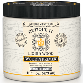 Retique It® Wood'n Primer in Bleached Wood, a primer bottle designed for preparing wood surfaces with a bleached finish.