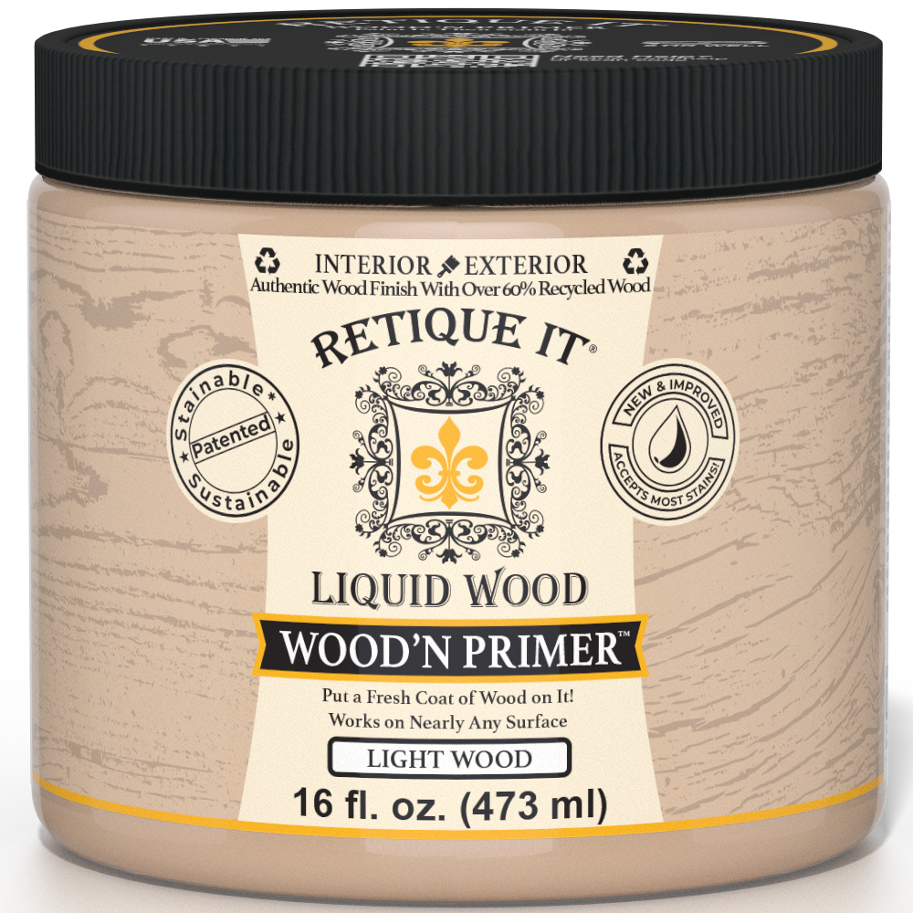 Retique It® Wood'n Primer for Light Wood, a primer product designed to prepare light wood surfaces for painting or finishing.