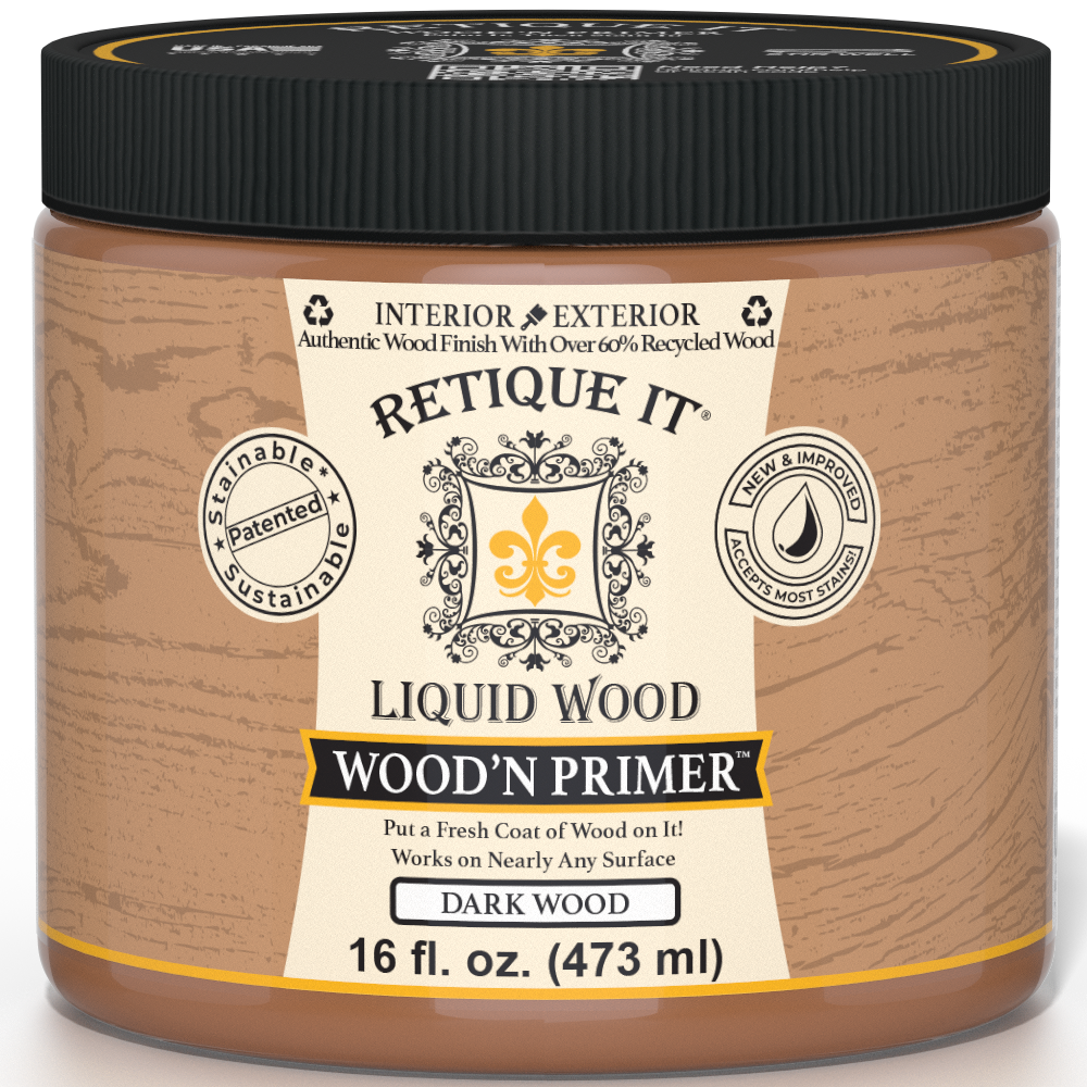 Retique It® Wood'n Primer Dark Wood, a primer designed for dark wood surfaces, shown in a close-up image.