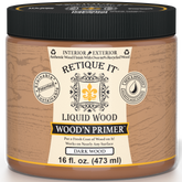 Retique It® Liquid Wood Wood'n Primer in Dark Wood, 16 fl oz, showing the primer container with dark wood finish on the label.