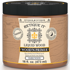 Retique It® Wood'n Primer Dark Wood, a primer designed for dark wood surfaces, shown in a close-up image.