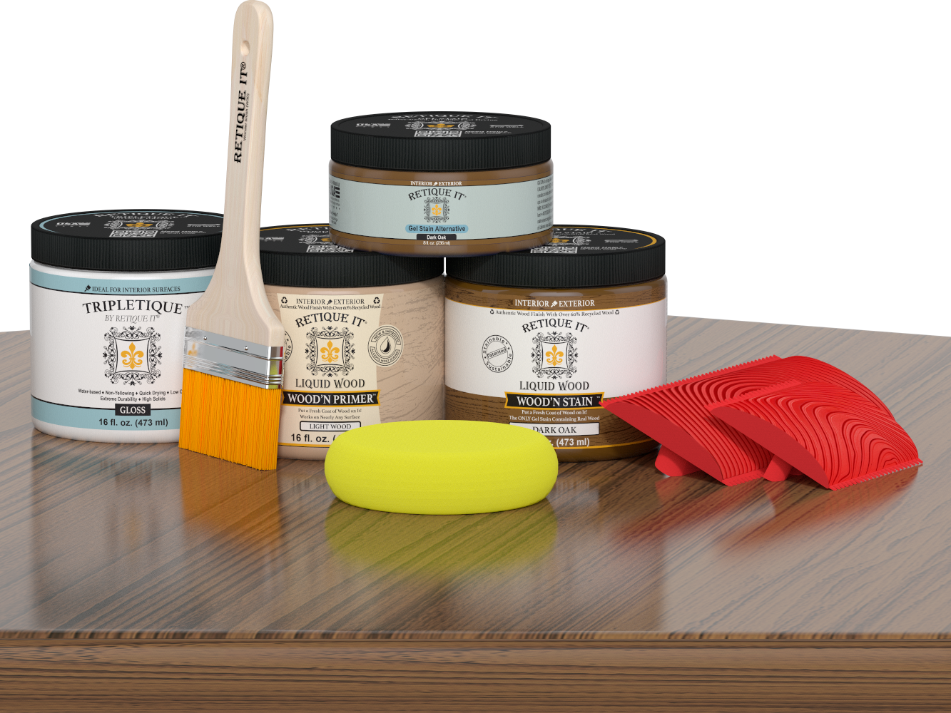 Retique It® Wood'n Finish Kit in Dark Oak, interior top coat applied to wood surface, multi-purpose wood finish for furniture.
