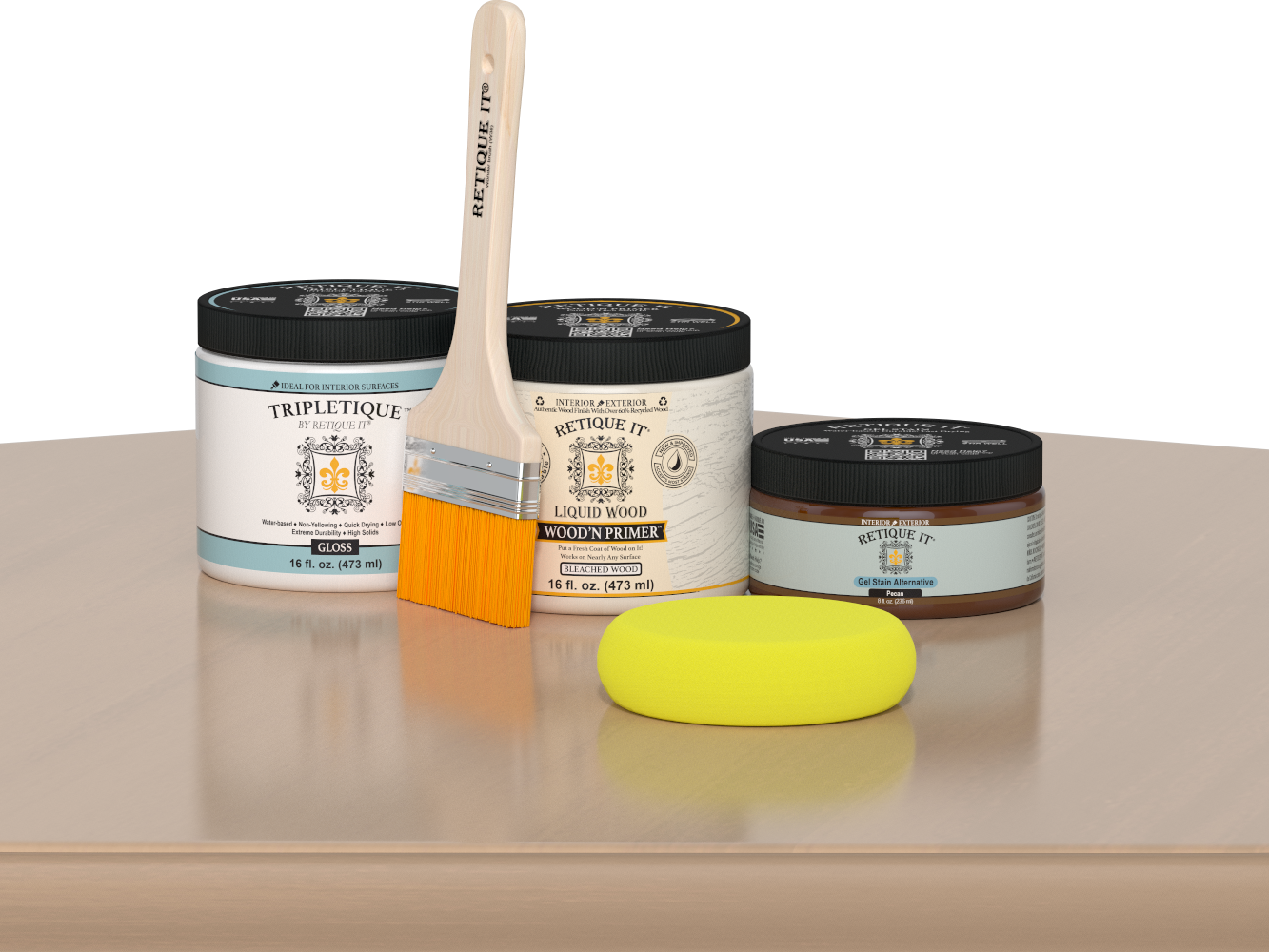 Retique It® White Oak Multipurpose Kit contents with Liquid Wood primer, Pecan gel stain alternative, Tripletique gloss interior top coat, paintbrush, and yellow sponge displayed on a light wood surface.