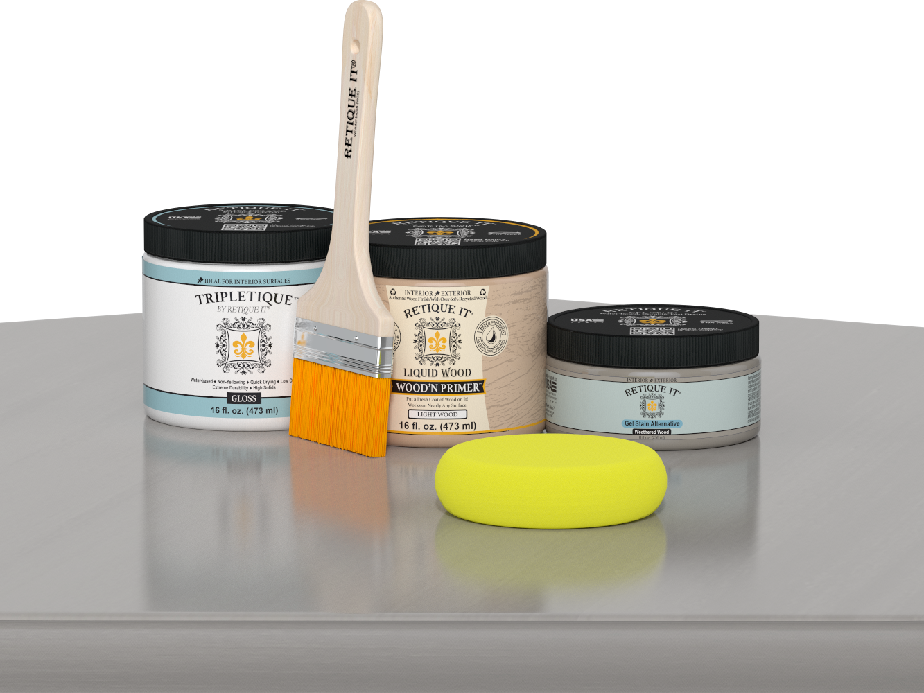 Retique It® Weathered Wood Multipurpose Kit contents with Liquid Wood primer, Weathered Wood gel stain alternative, Tripletique gloss interior top coat, paintbrush, and yellow sponge displayed on a gray wood surface.
