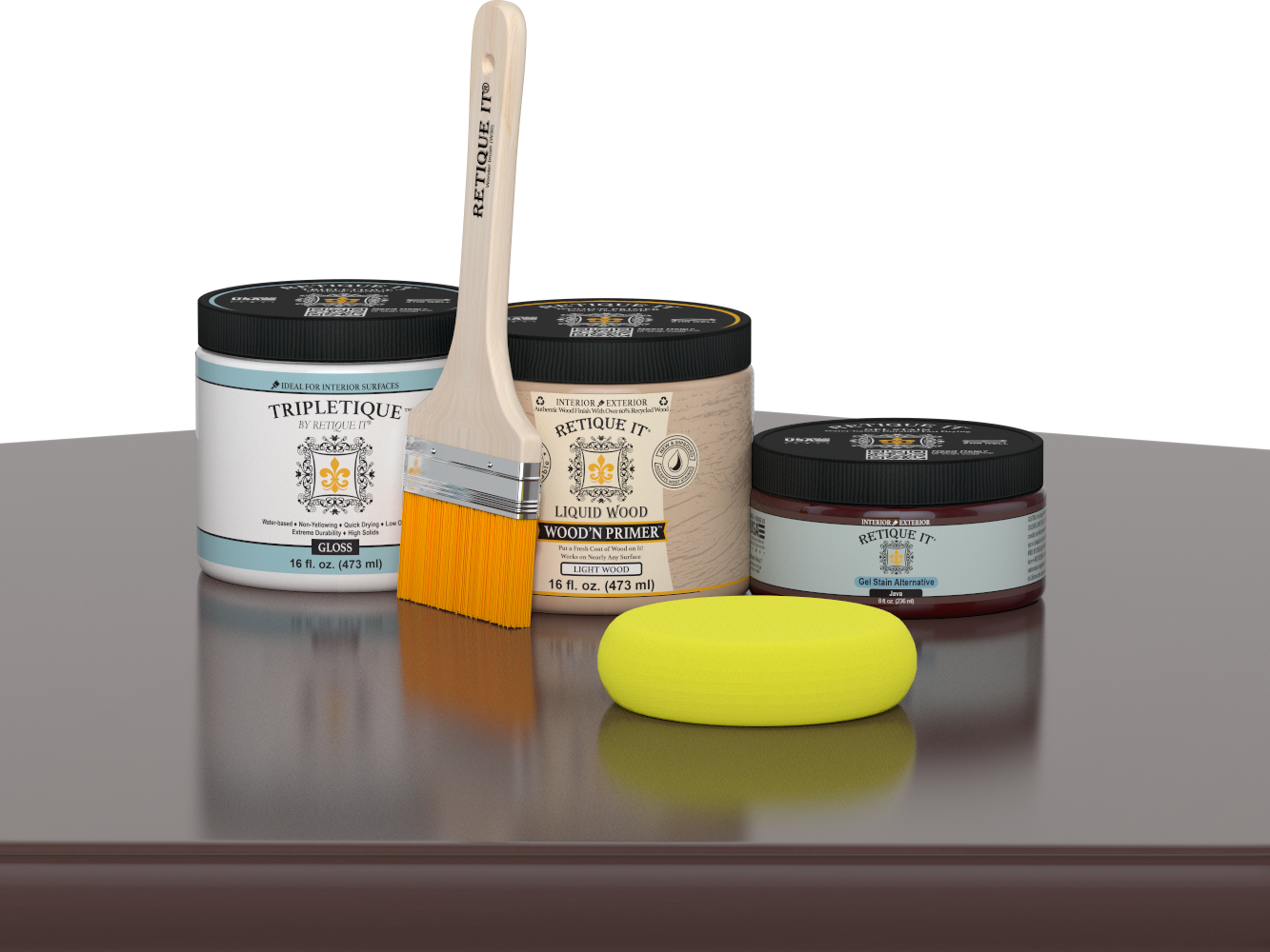 Retique It® Java Multipurpose Kit contents with Liquid Wood primer, Java gel stain alternative, Tripletique gloss interior top coat, paintbrush, and yellow sponge displayed on a dark wood surface.