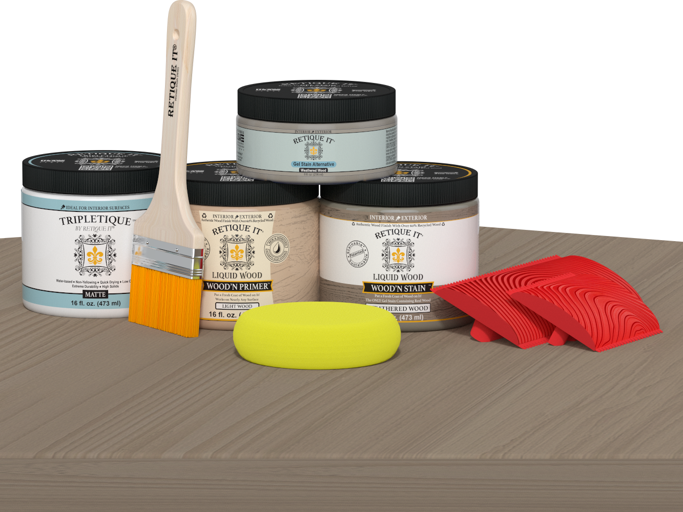 Retique It® Multi-purpose Wood'n Kit in Weathered Wood for interior top coat, showing a finished wood surface on a table.