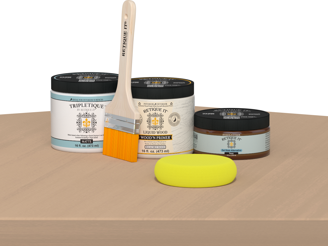Retique It® Pecan Multipurpose Kit contents with Bleached Wood Liquid Wood primer, Pecan gel stain alternative, Tripletique matte interior top coat, paintbrush, and yellow sponge displayed on a light wood surface.