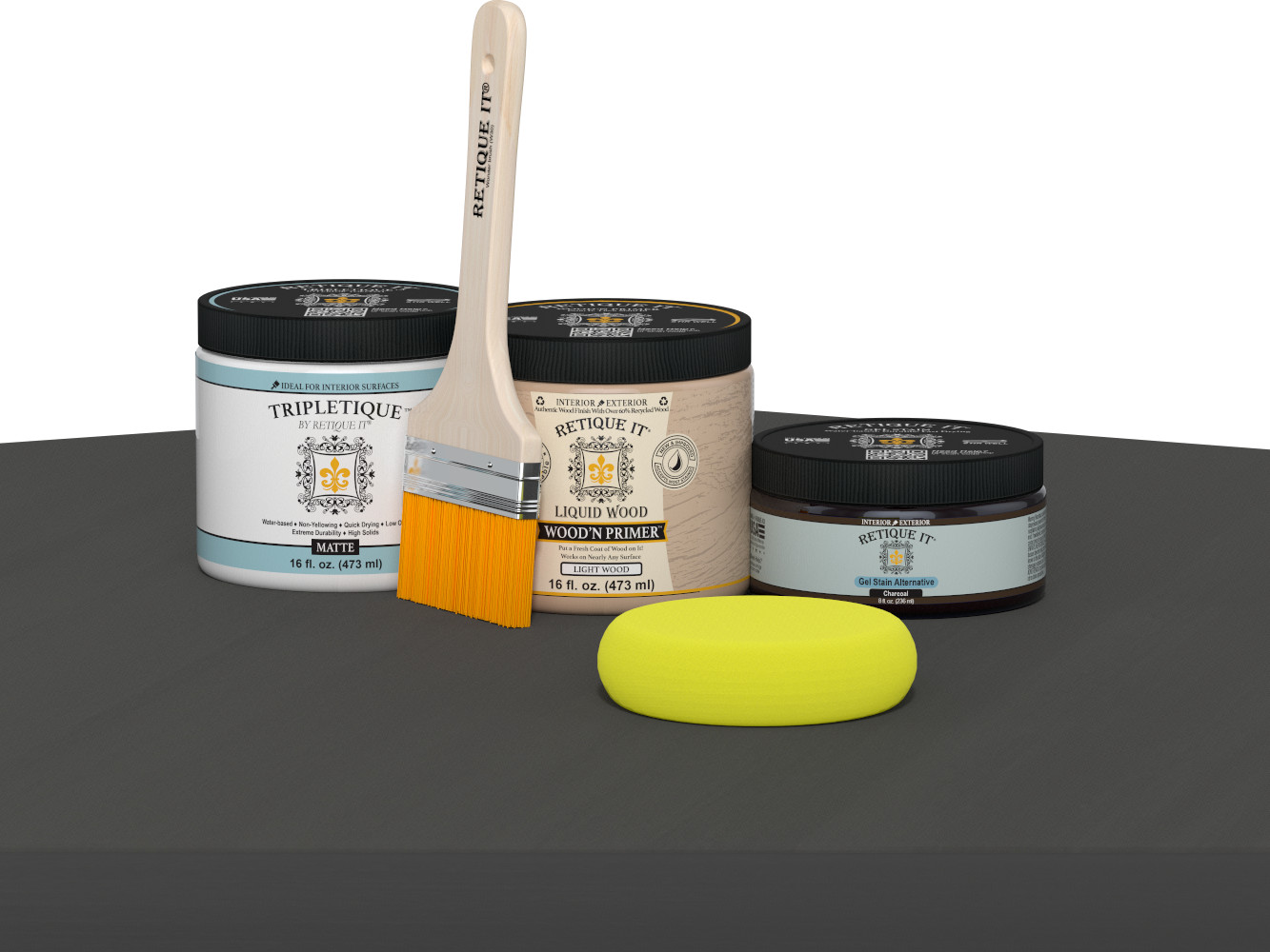 Retique It refinishing kit with Light Wood primer, Charcoal gel stain alternative, matte Tripletique topcoat, a brush and yellow sponge.