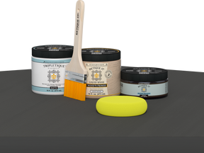 Retique It refinishing kit with Light Wood primer, Charcoal gel stain alternative, matte Tripletique topcoat, a brush and yellow sponge.