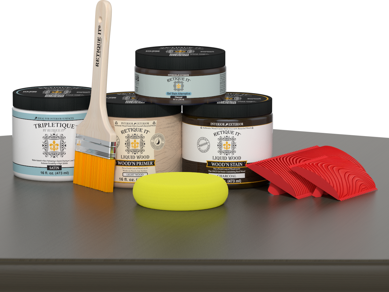 Retique It® Wood'n Finish Kit in Charcoal, interior top coat for wood furniture, featuring satin finish on a tabletop surface.