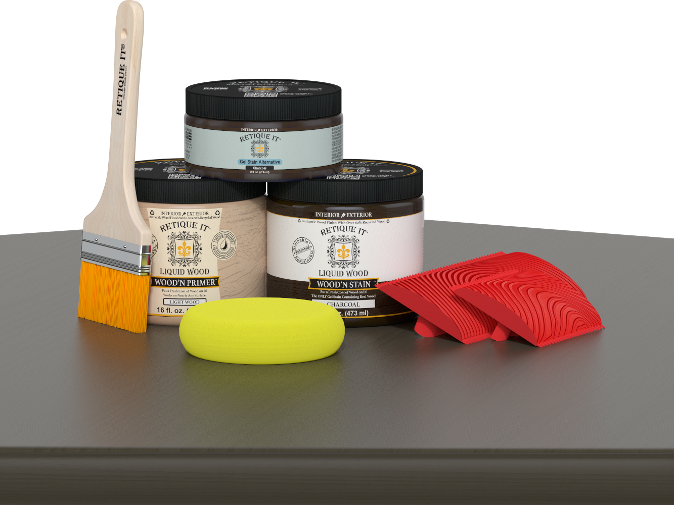 Retique It® Fireplace Wood'n Finish Kit in charcoal stain, full fireplace wood finish with stain and application tools.