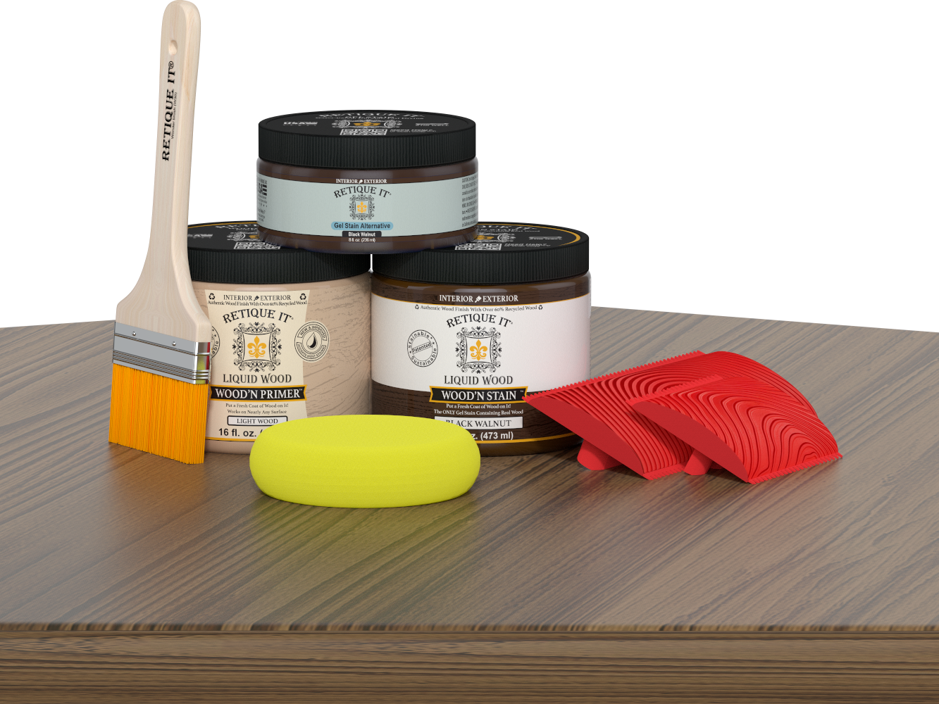 Retique It® Fireplace Wood'n Finish Kit in Black Walnut stain for full fireplace, featuring wood stain and finishing tools.