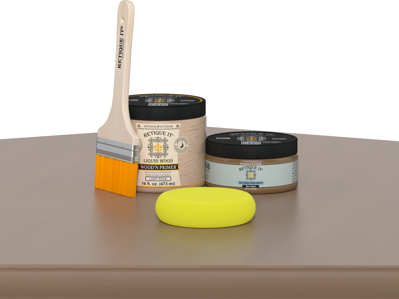 Retique It® Multi-purpose Smooth Finish Kit (Med) in Barn Wood applied on table surface with a smooth wood finish.