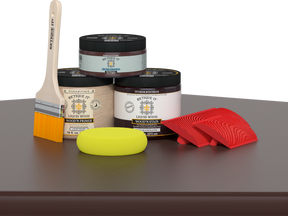 Red Mahogany Wood'n Finish Kit by Retique It® for multi-purpose wood finishing, shown with brushes and wood surfaces.