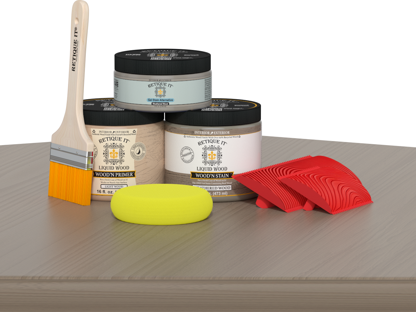 Retique It® Wood'n Finish Kit in Weathered Wood, a multi-purpose wood finishing set with brushes and stain for furniture projects.