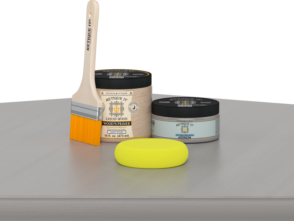 Retique It® wood finish kit in weathered wood for furniture, showing a smooth, multi-purpose wood finish application on a table surface.
