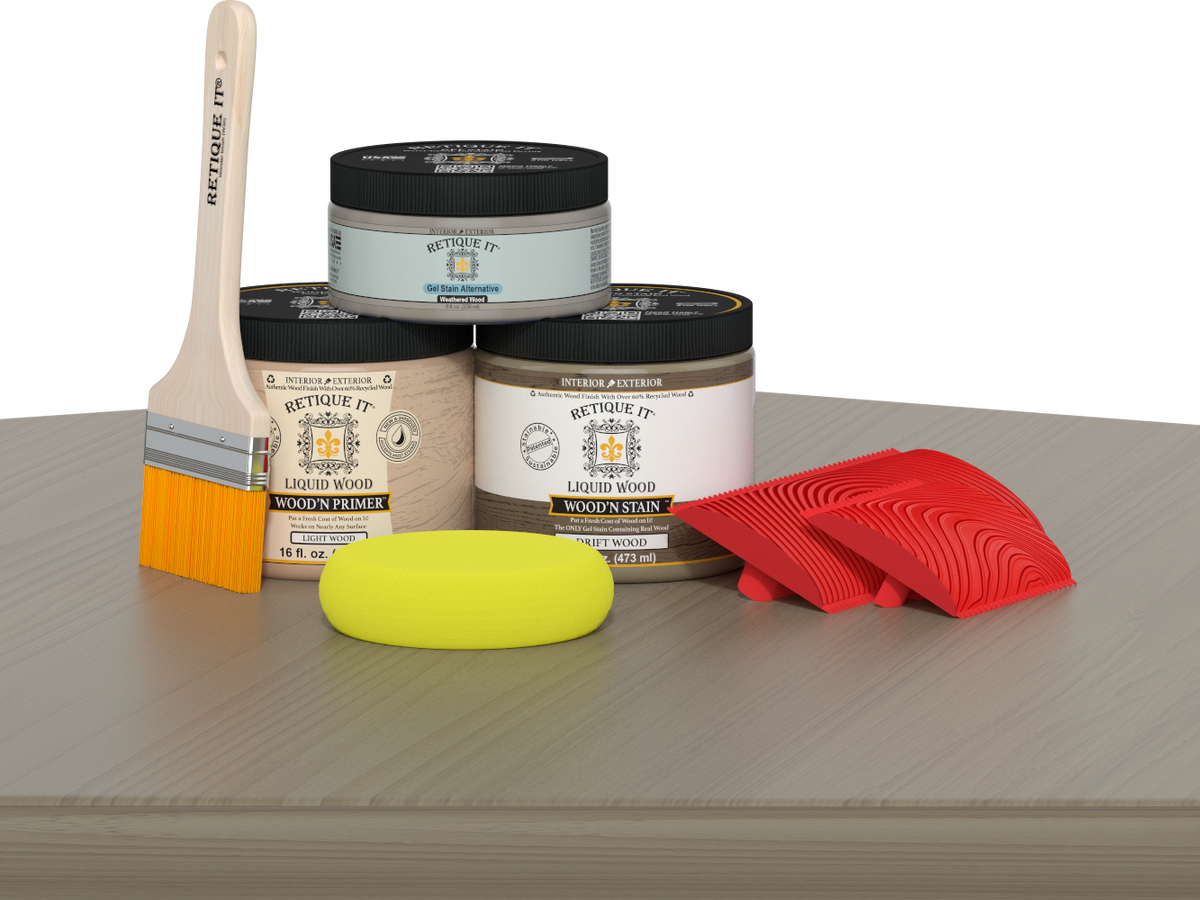 Retique It Fireplace Wood'n Finish Kit for full fireplace, featuring drift wood stain, designed for wood surface finishing.