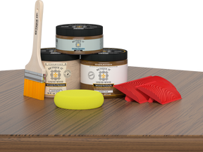 Retique It® Fireplace Wood'n Finish Kit in Dark Oak stain, full fireplace stain set with wood finish options shown on a table.
