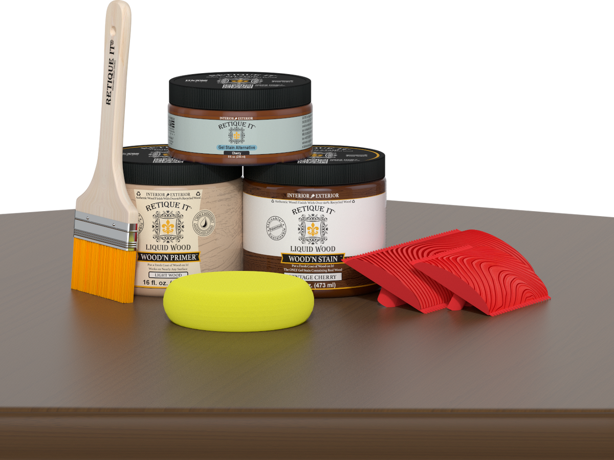 Retique It® Multi-purpose Wood'n Kit (Med) in Vintage Cherry for wood finishing, shown on a wooden table surface.