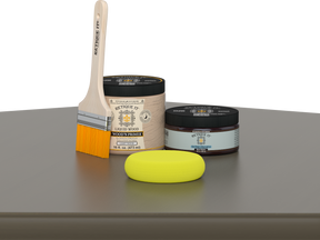 Retique It® Multi-purpose Smooth Finish Kit (Med) in Black Walnut for wood furniture restoration, featuring cans and brushes.