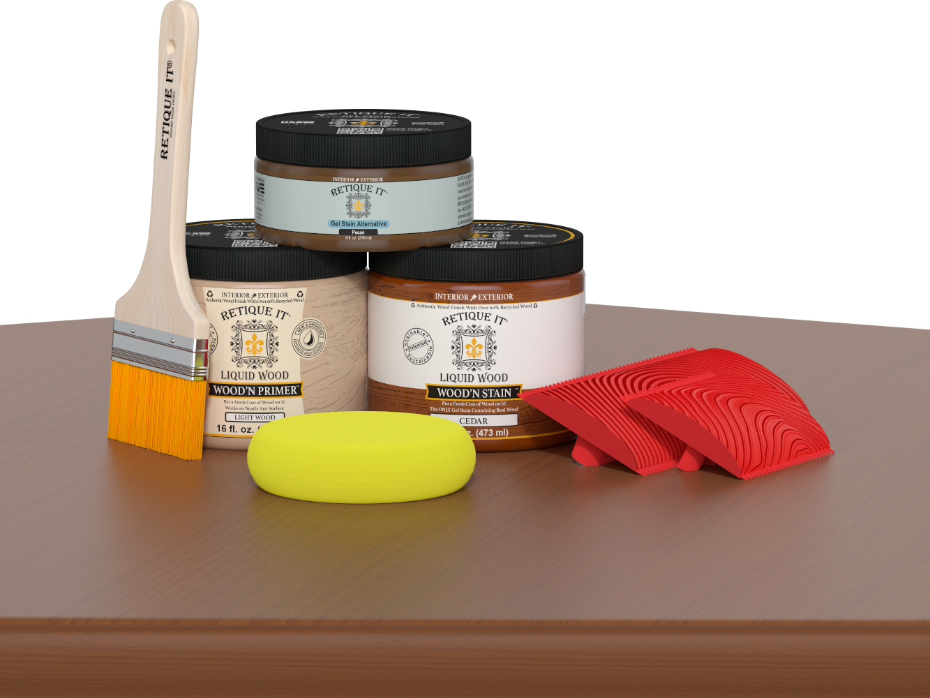 Retique It® Wood'n Finish Kit in Cedar for multi-purpose wood finishing, featuring small bottles of stain and topcoat on a table.