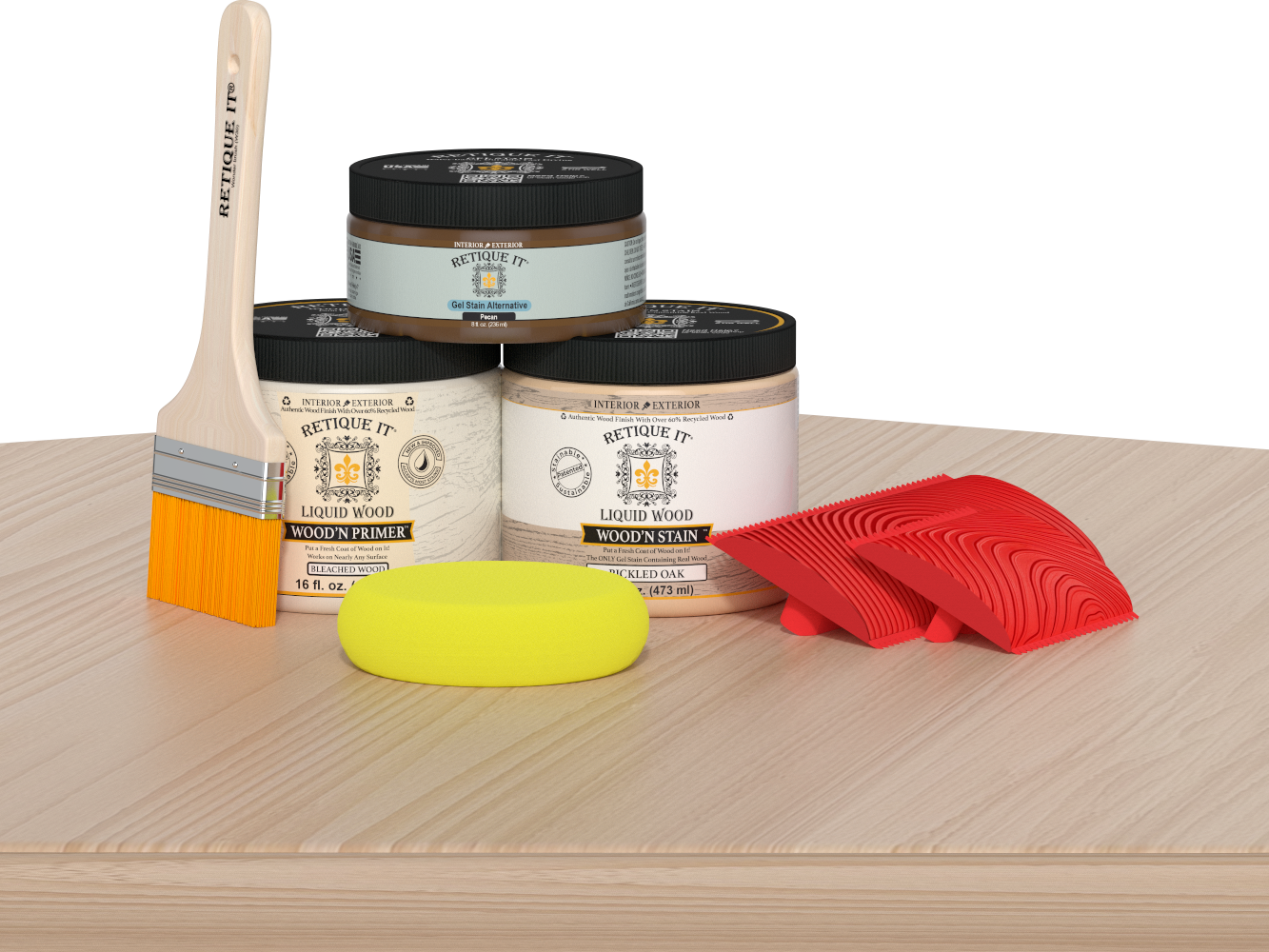 Retique It® Fireplace Wood'n Finish Kit for full fireplace, featuring White Oak stain, with wood grain and finishing tools visible.