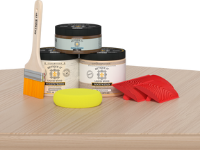 Retique It® Fireplace Wood'n Finish Kit for full fireplace, featuring White Oak stain, with wood grain and finishing tools visible.