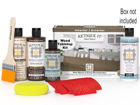 Wood staining kit with bottles, brush, and packaging on a white background