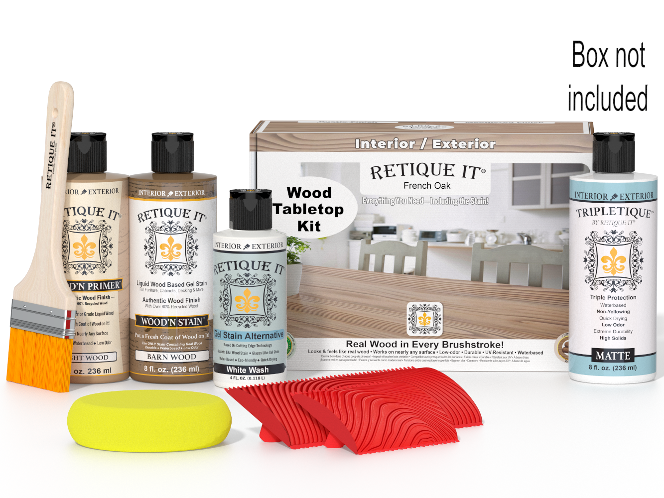 Wood staining kit with bottles, brush, and packaging on a white background