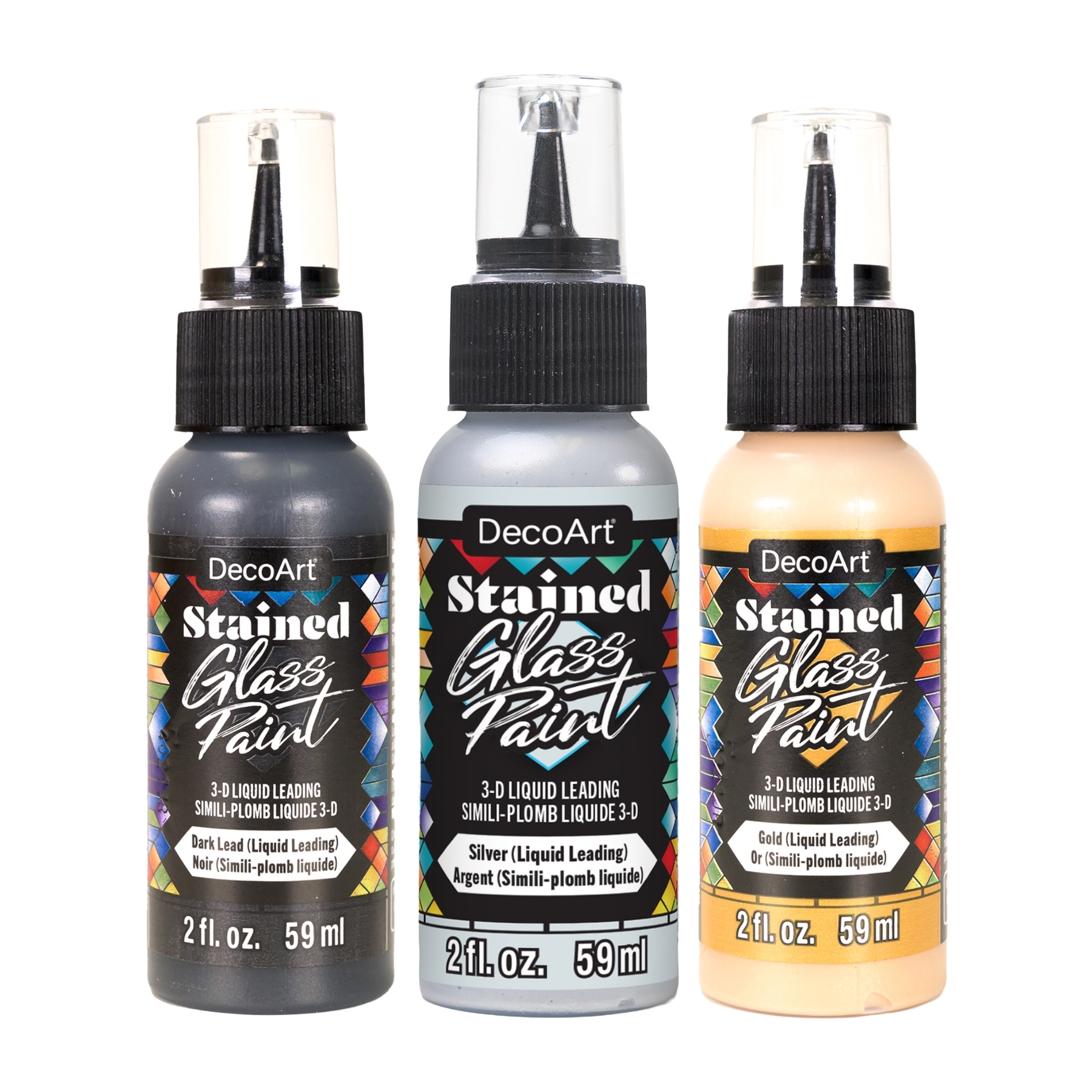 Decorative stained glass paint with 3-D liquid leadings from DecoArt, showcasing vibrant colors and textured glass-like effects.