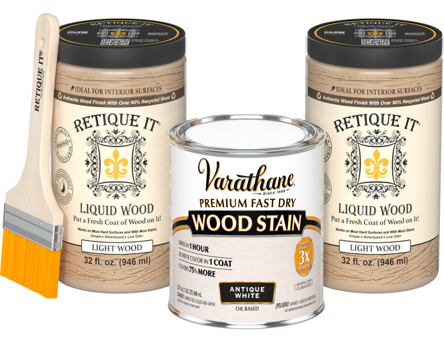 Retique It multi-purpose stain kit with two large antique white oil-based fast-dry stains, shown in a professional application setting.