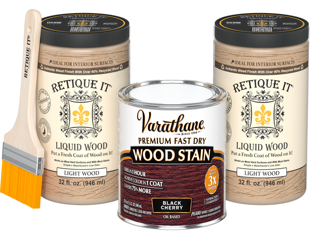 Retique It black cherry oil-based fast-dry stain in a multi-purpose kit with two large bottles, ideal for wood finishing projects.