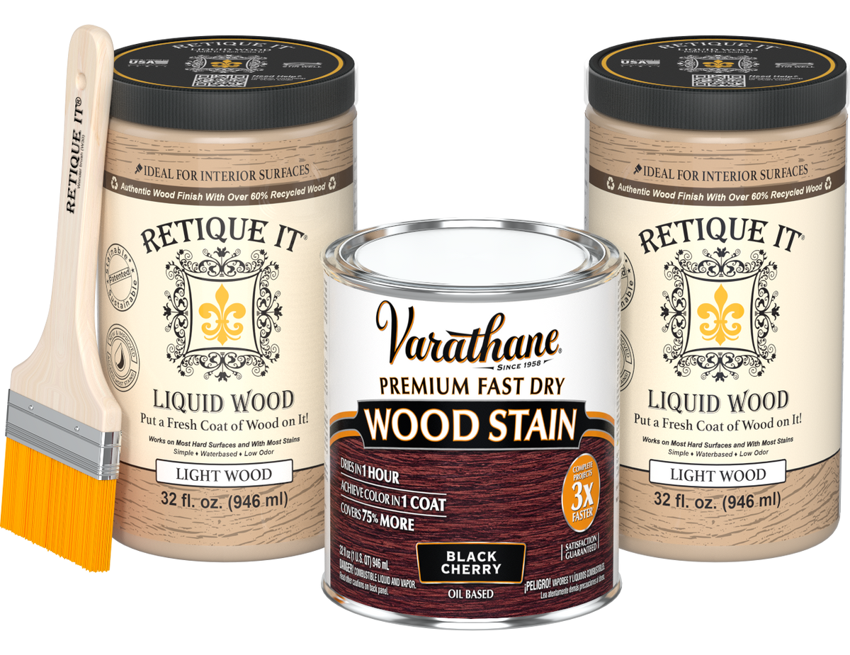 Angled product view of the 64 oz Retique It Liquid Wood kit with Varathane Black Cherry stain and a paintbrush.