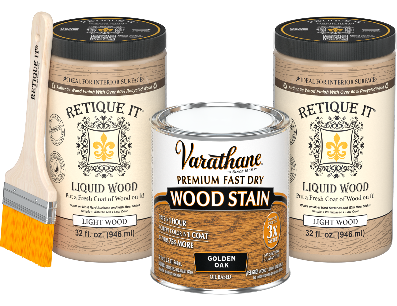Angled product view of the 64 oz Retique It Liquid Wood kit with Varathane Golden Oak stain and a paintbrush.
