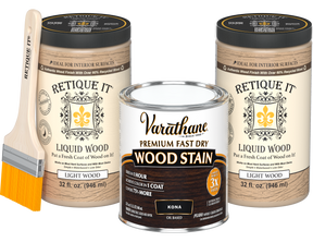 Angled product view of the 64 oz Retique It Liquid Wood kit with Varathane Kona stain and a paintbrush.
