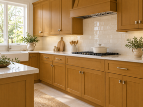 Golden Oak kitchen cabinets with white countertops, a farmhouse sink, and a cream subway tile backsplash.