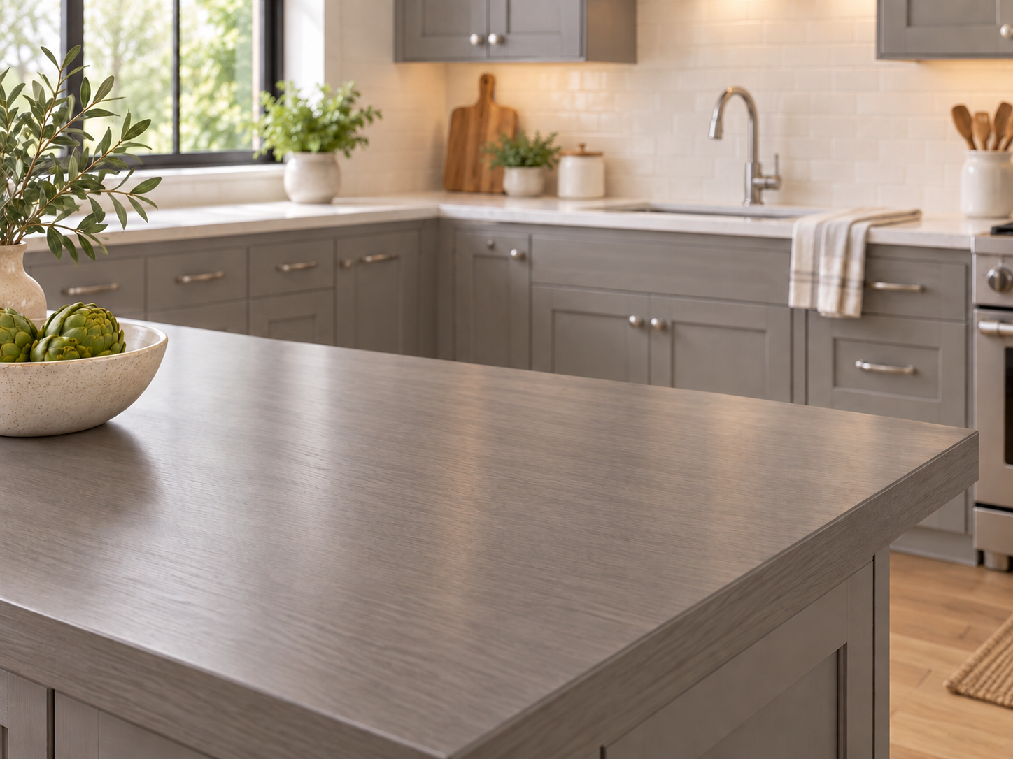 Kitchen cabinets and island tabletop finished in Weathered Gray, with white countertops and a subway tile backsplash.